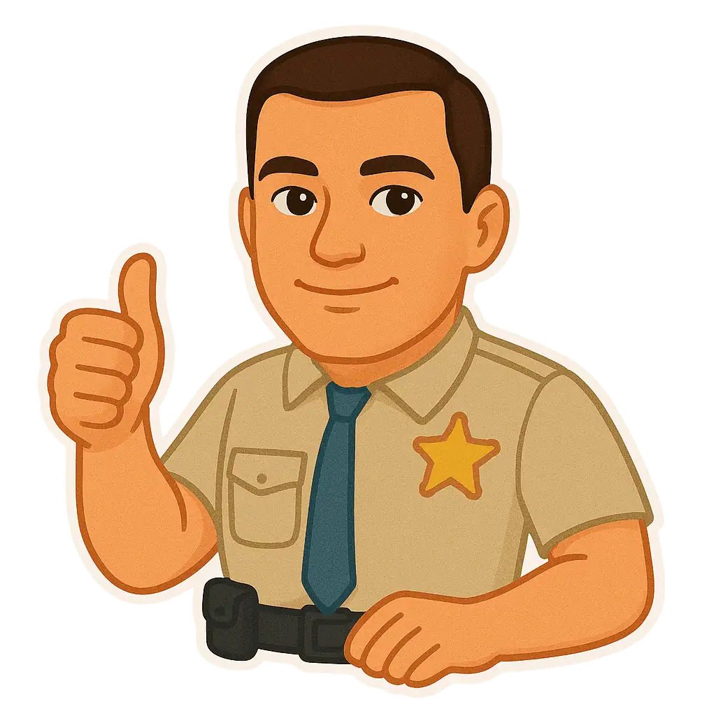 A sticker of a bailiff with thumbs up
