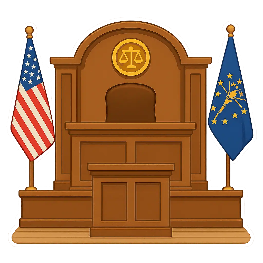 An image of a judge's bench, with seal, US Flag, and Indiana flag.