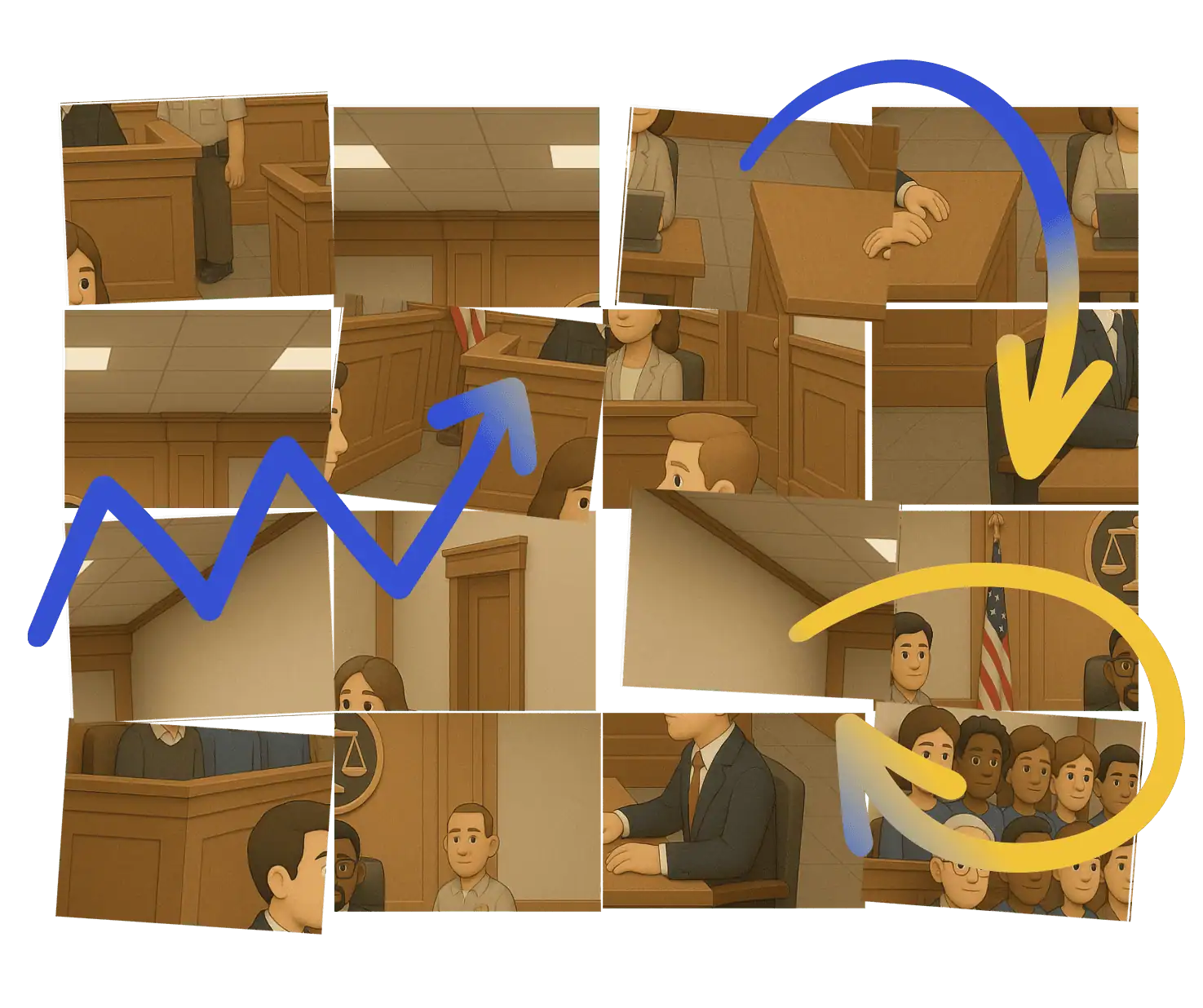 A jumble of tiles showing a courtroom scene with arrows on tops